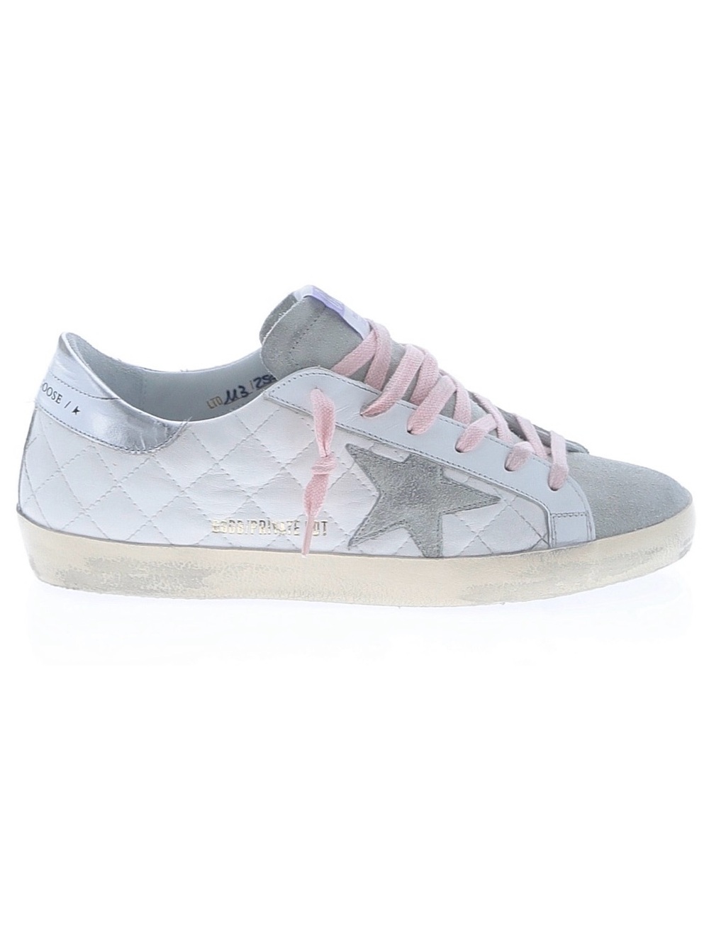 Golden Goose White Quilted Sneaker with Gray Star and Pink Laces